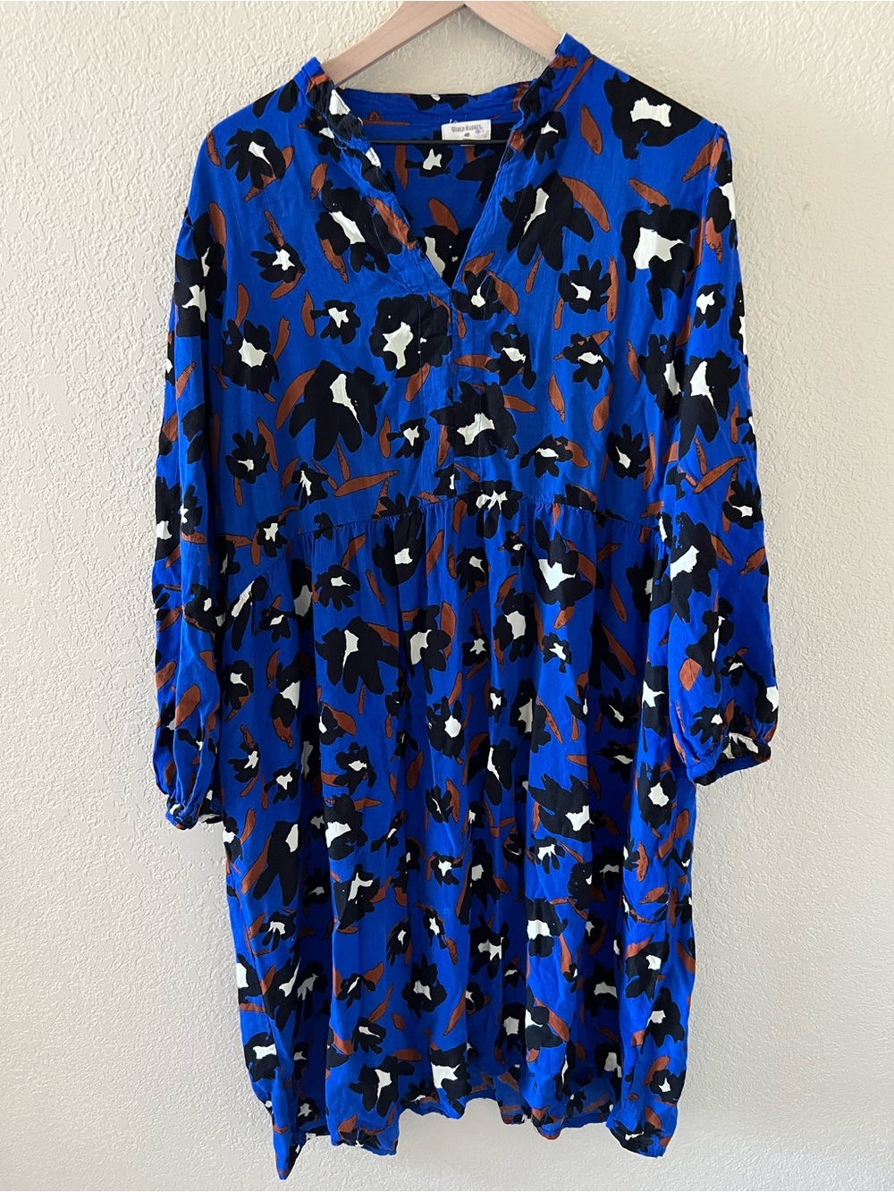 Cost Plus World Market Cobalt Blue Floral Long Sleeve Tunic Dress